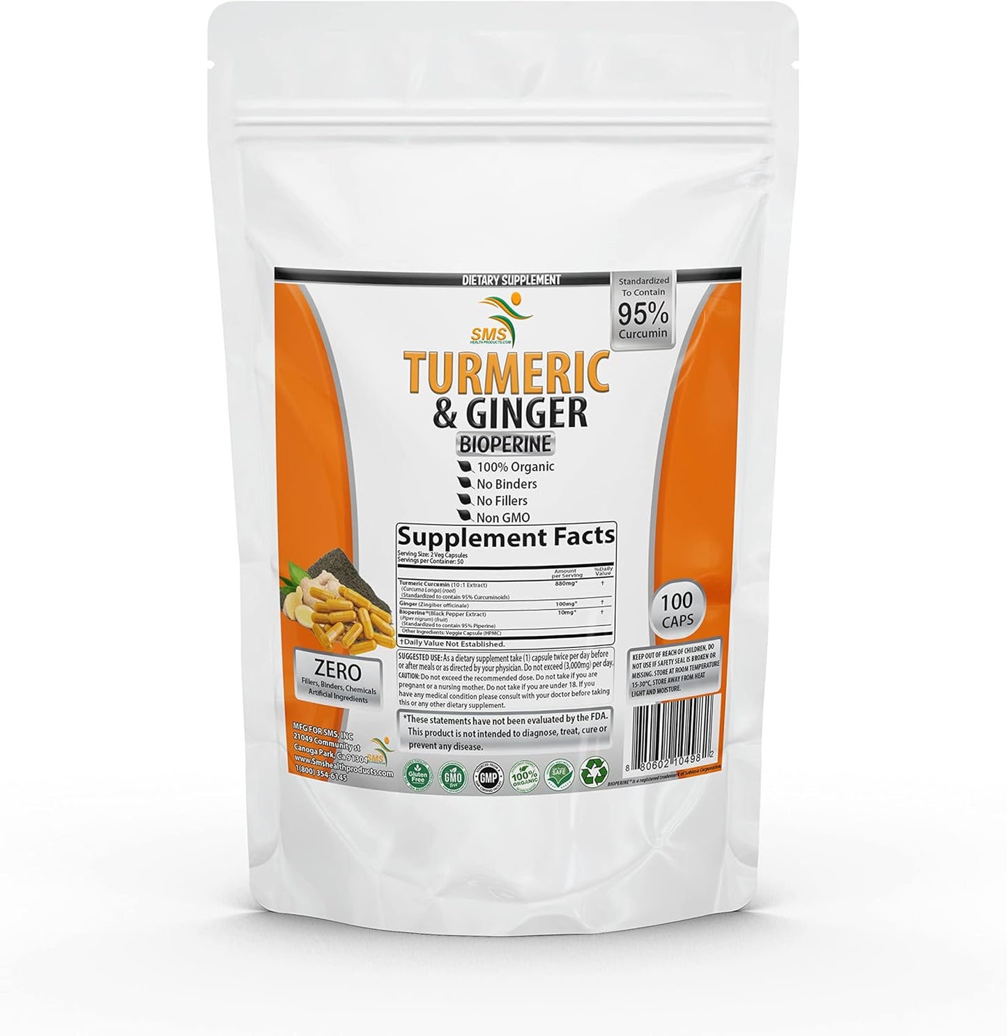 Turmeric Curcumin with Ginger, BioPerine, 95% Curcuminoids, USA-Made - 100 Veg Capsules