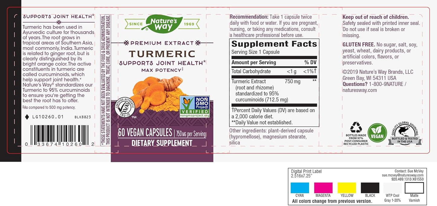 Turmeric Extract Capsules - 750mg Max Potency, 95% Curcuminoids, 60 Vegan Capsules by Nature's Way