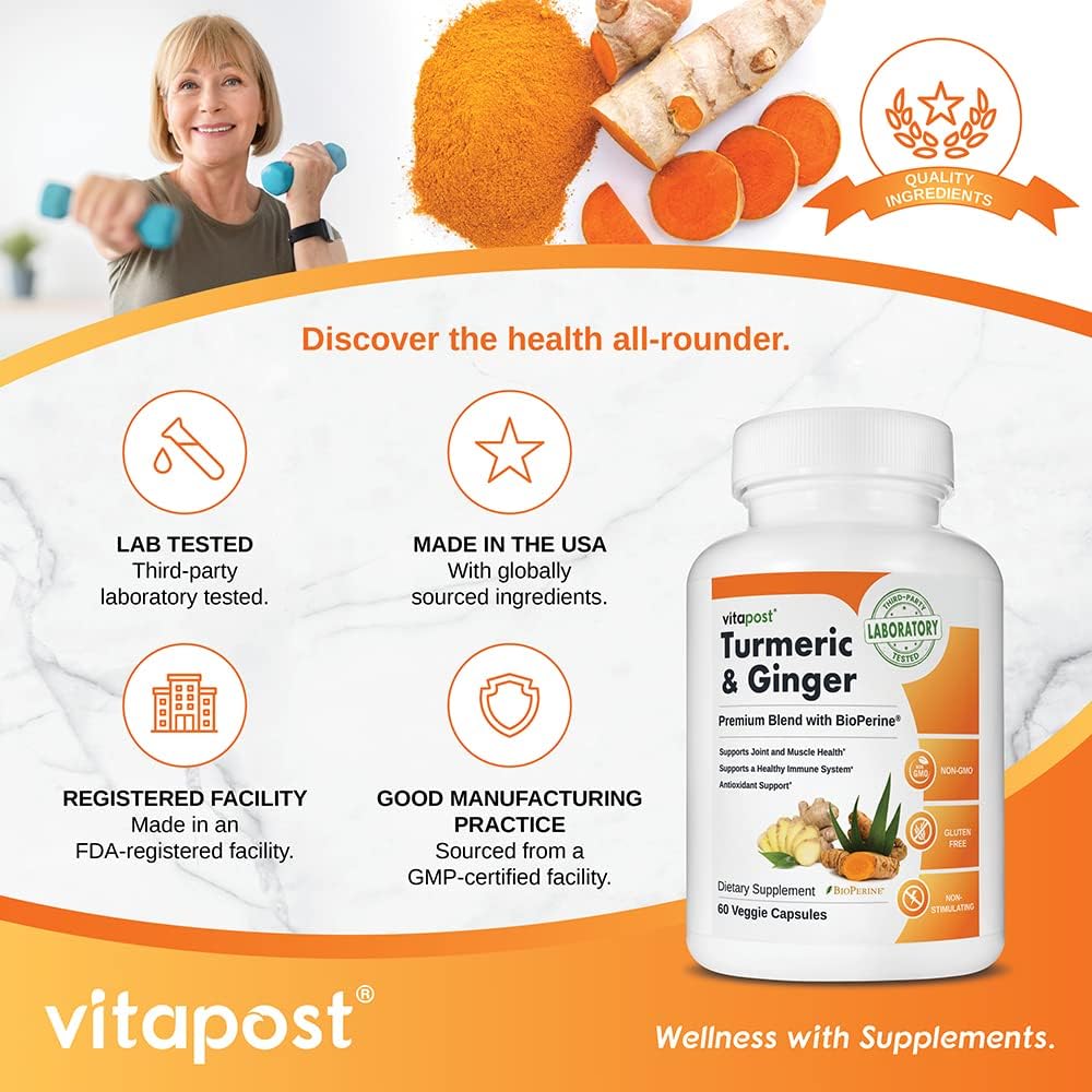 Turmeric & Ginger Capsules with BioPerine for Joint Health and Immune Support