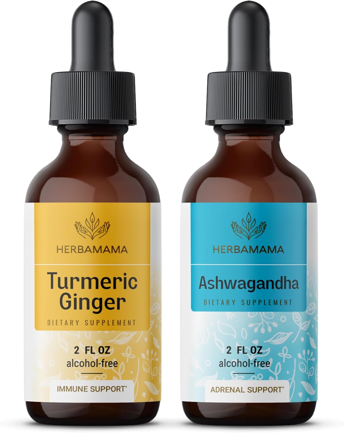 Turmeric Ginger Extract and Ashwagandha Root Tincture Bundle - Herbal Liquid Drops - Vegan, Non-GMO - 2 fl oz - Sugar & Alcohol-Free - 2 Pack
