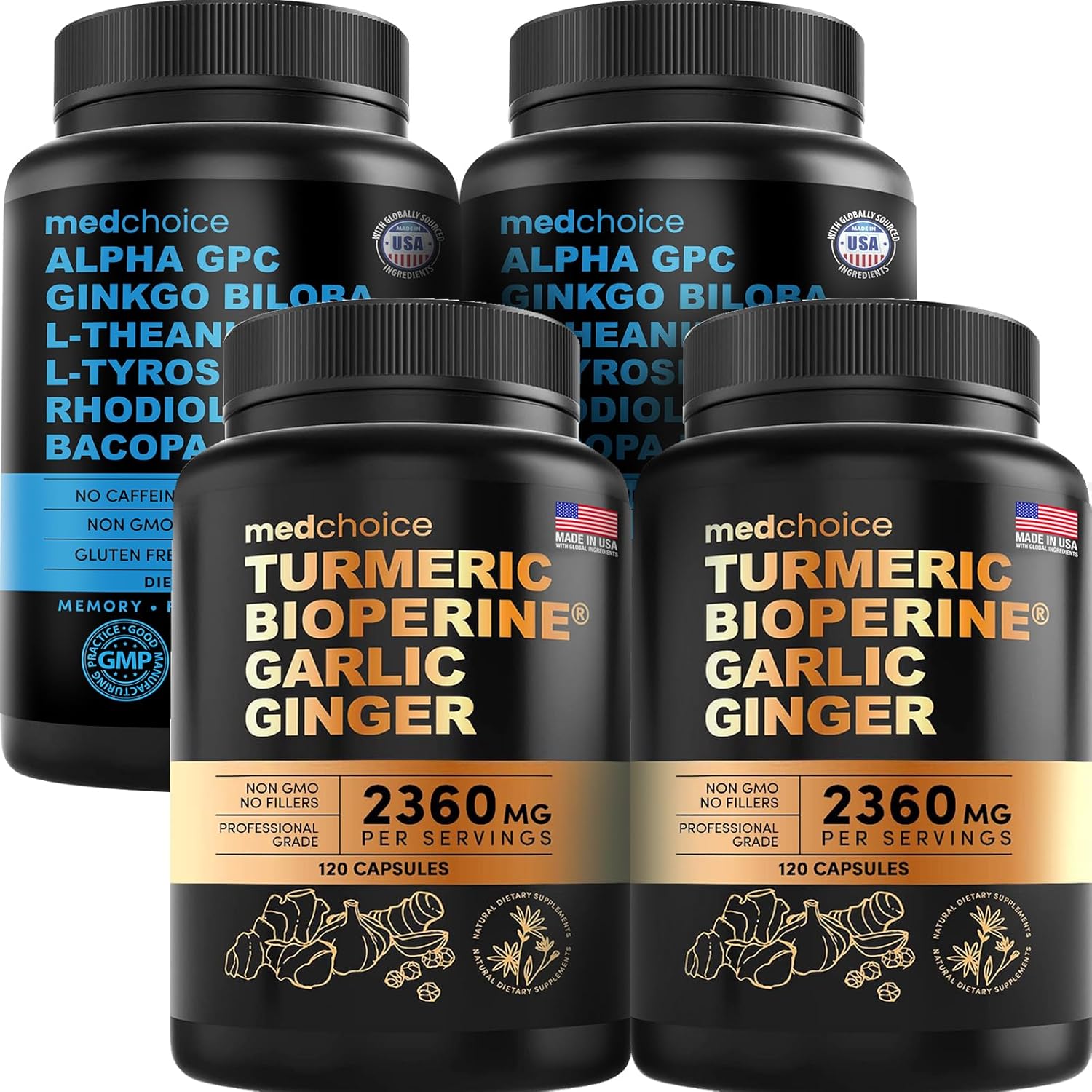 Turmeric & Ginger + Nootropic Brain Supplement Bundle - Joint, Digestion, Brain, & Mood Support - Vegan, Non-GMO, Gluten-Free - 360ct