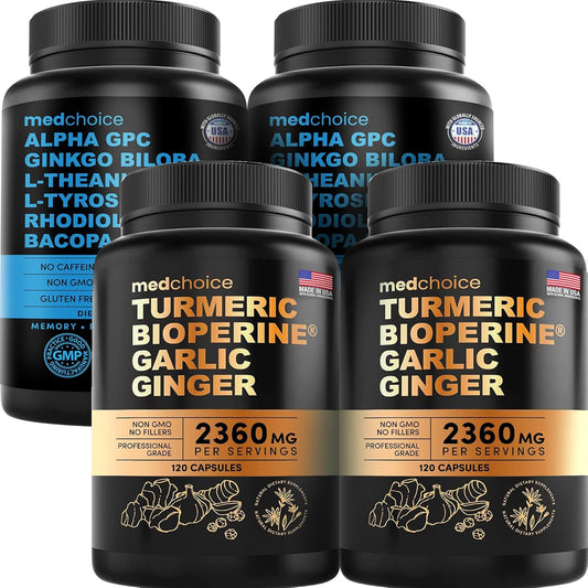 Turmeric & Ginger + Nootropic Brain Supplement Bundle - Joint, Digestion, Brain, & Mood Support - Vegan, Non-GMO, Gluten-Free - 360ct