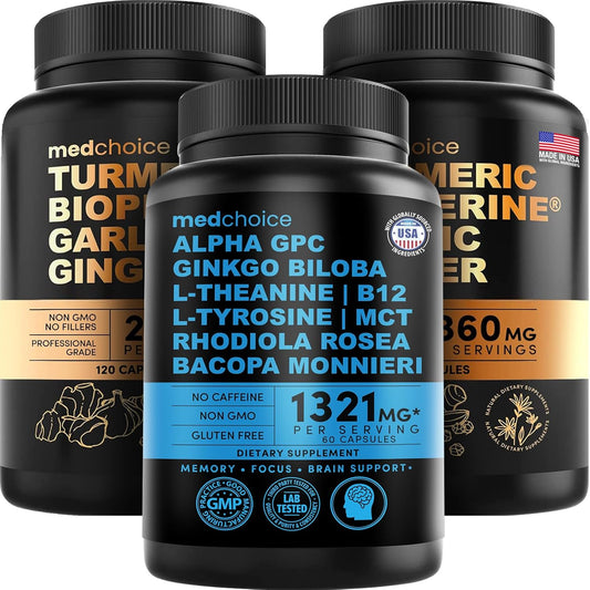 Turmeric & Ginger + Nootropic Brain Supplement Bundle (300ct) - Joint, Digestion, Brain & Mood Support - Vegan, Non-GMO