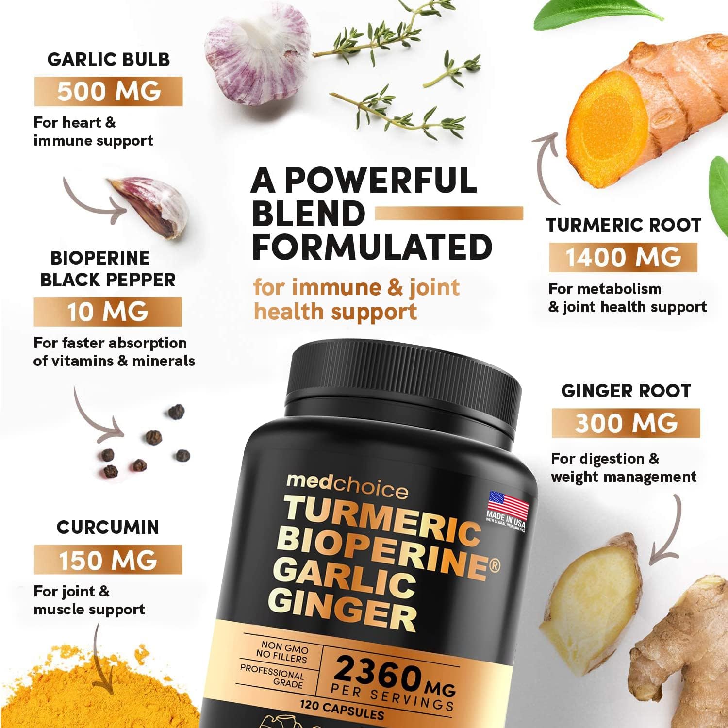 Turmeric & Ginger + Nootropic Brain Supplement Bundle - Joint, Digestion, Brain, & Mood Support - Vegan, Non-GMO, Gluten-Free - 360ct