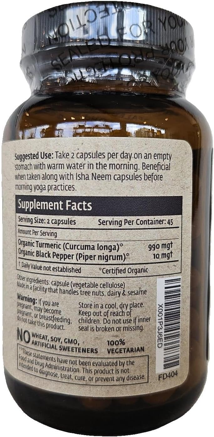 Turmeric Herbal Supplement 990mg - 90 Vegetarian Capsules, Non-GMO, Gluten Free by ISHA
