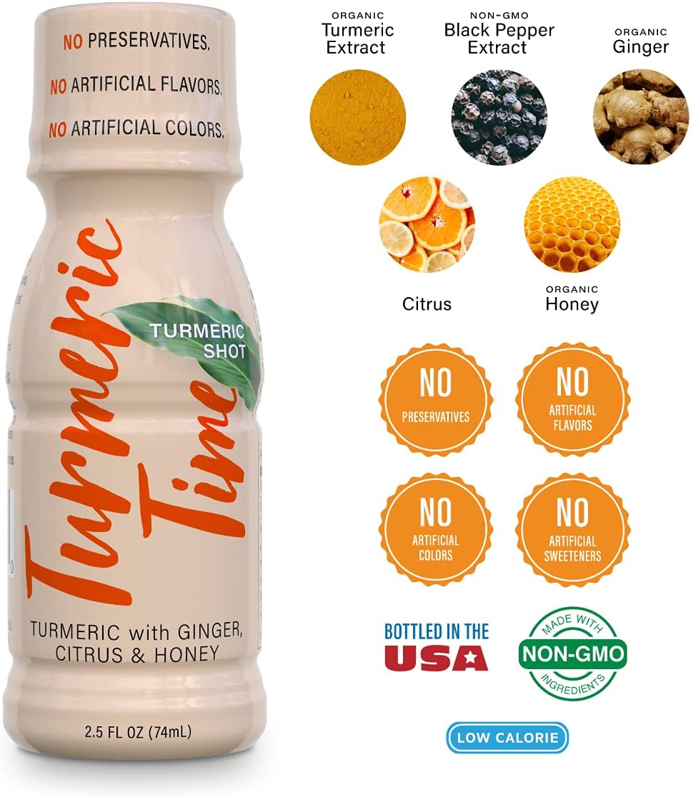 Turmeric Time Shots - Turmeric with Ginger, Citrus, Honey & B Vitamins | Non-GMO | No Preservatives or Artificial Ingredients | Liquid Turmeric (12 Pack)
