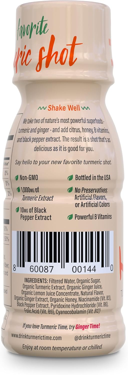 Turmeric Time Shots - Turmeric with Ginger, Citrus, Honey & B Vitamins | Non-GMO | No Preservatives or Artificial Ingredients | Liquid Turmeric (12 Pack)