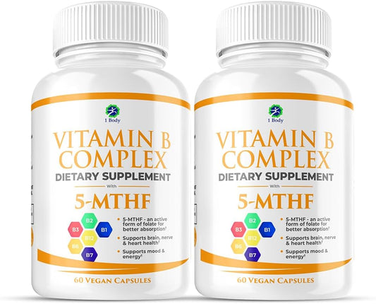 Twin Pack Vitamin B Complex with 5-MTHF Folate, B1, B2, B5, B6, Methyl B12, Niacin, Biotin - 60 Capsules x 2 - BoostGo Australia