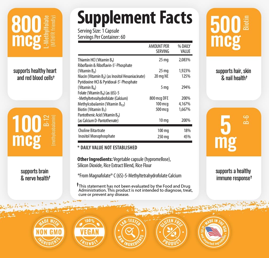 Twin Pack Vitamin B Complex with 5-MTHF Folate, B1, B2, B5, B6, Methyl B12, Niacin, Biotin - 60 Capsules x 2 - BoostGo Australia