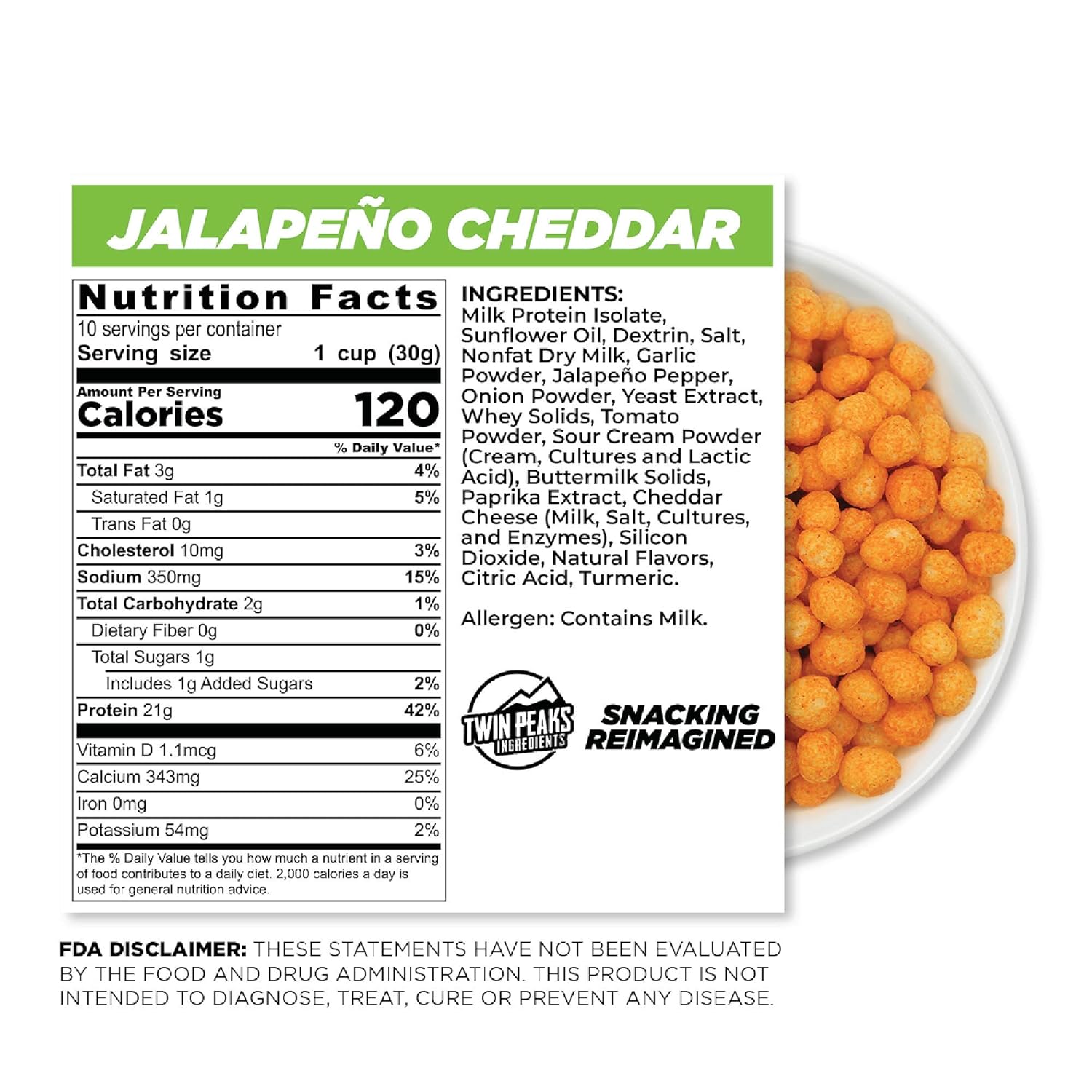 Twin Peaks Jalapeno Cheddar Protein Puffs - Low Carb & Keto Friendly (300g, 21g Protein, 2g Carbs)