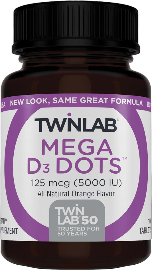 Twinlab Mega D-3 Dots - Immune Health and Bone Support Supplement - 200 Orange Tablets, 125 mcg (5000 IU) - Pack of 2