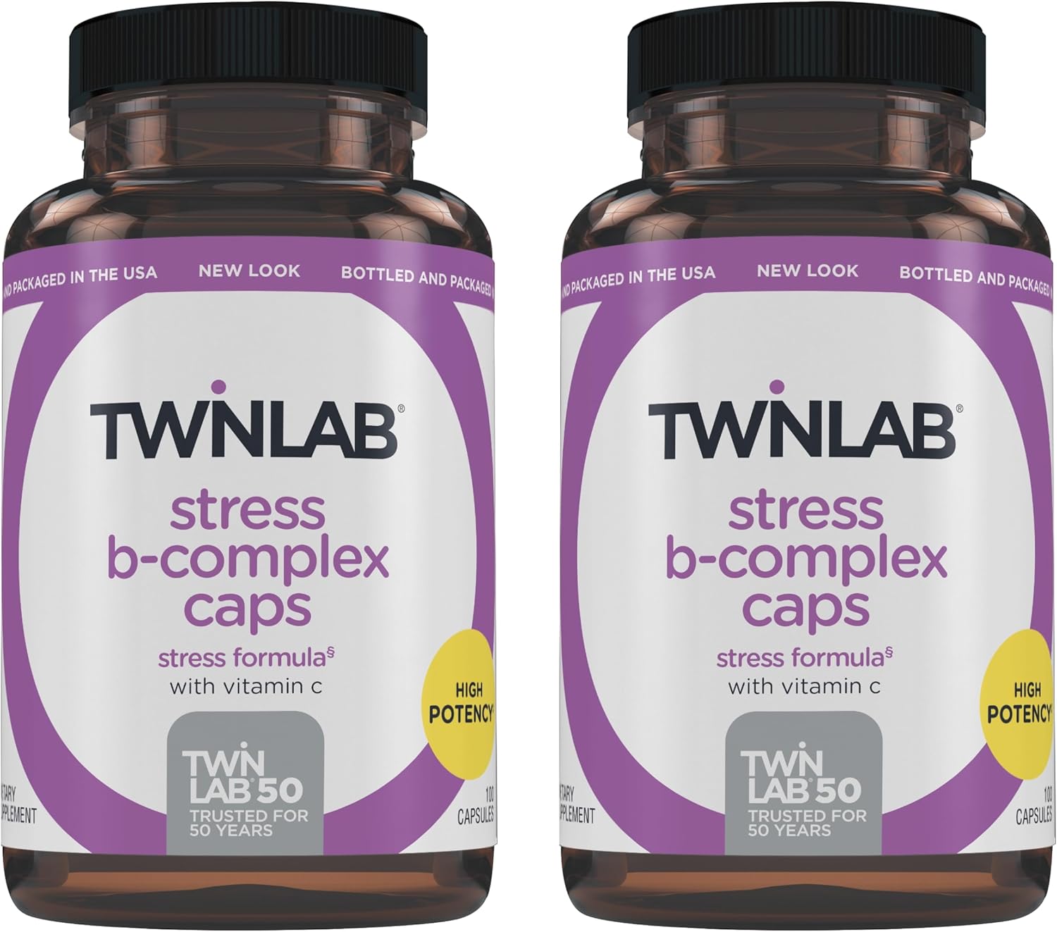 Twinlab Stress B-Complex Caps with Vitamin C - Energy Support Supplement - 100 Capsules x 2 Pack - B12, B6, B-Complex