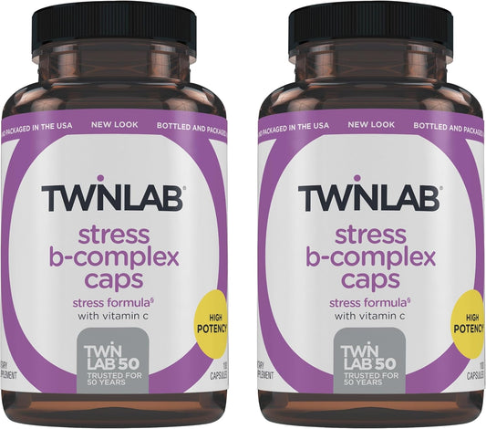 Twinlab Stress B-Complex Caps with Vitamin C - Energy Support Supplement - 100 Capsules x 2 Pack - B12, B6, B-Complex