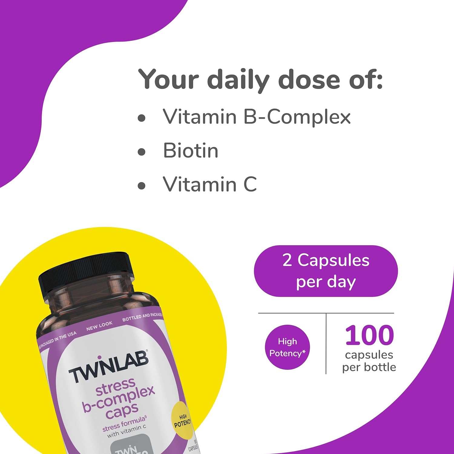 Twinlab Stress B-Complex Caps with Vitamin C - Energy Support Supplement - 100 Capsules x 2 Pack - B12, B6, B-Complex