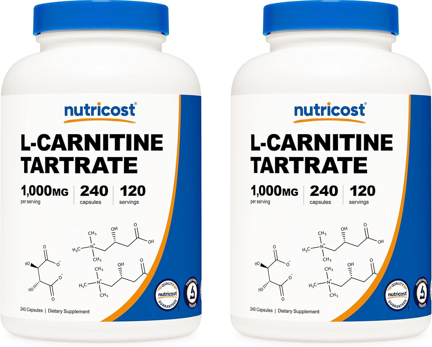 Two Bottles of Nutricost L-Carnitine Tartrate 500mg Capsules - 240 Capsules Total, 1000mg Per Serving