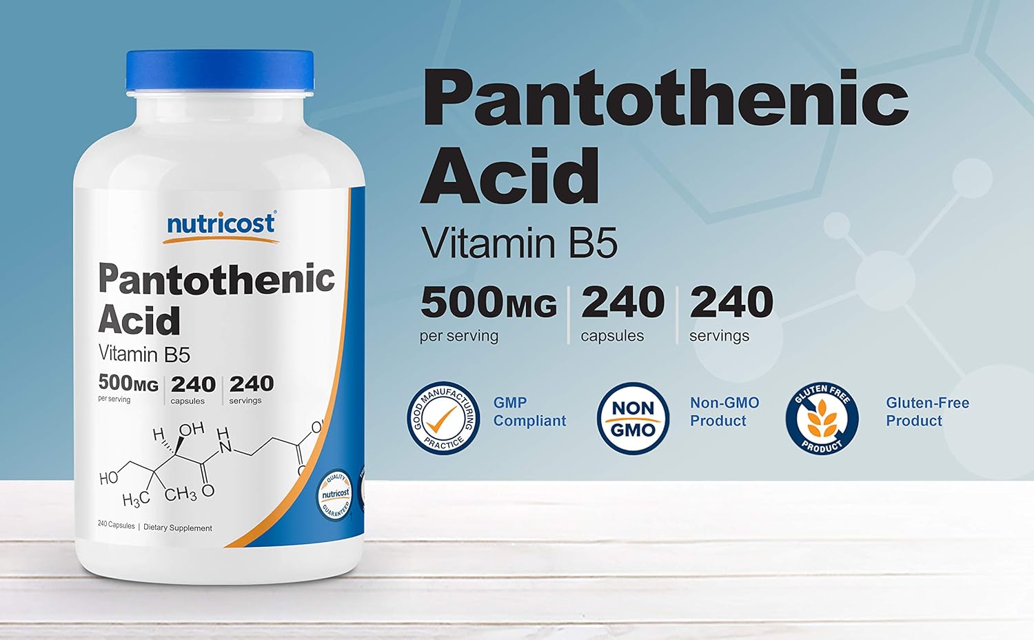 Two Bottles of Nutricost Pantothenic Acid (Vitamin B5) 500mg, 240 Capsules
