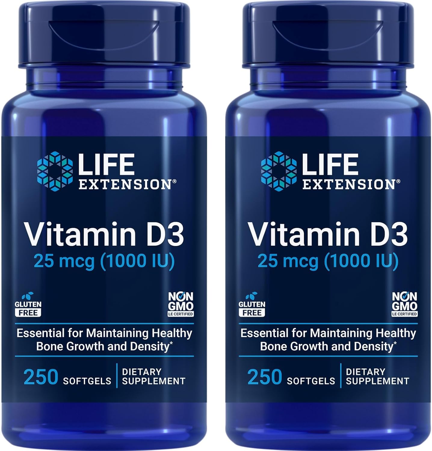Two-Pack Life Extension Vitamin D3 25 mcg (1000 IU) Softgels for Immune & Bone Health, Gluten-Free, Non-GMO - 500 Total Softgels