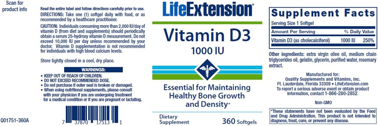 Two-Pack Life Extension Vitamin D3 25 mcg (1000 IU) Softgels for Immune & Bone Health, Gluten-Free, Non-GMO - 500 Total Softgels