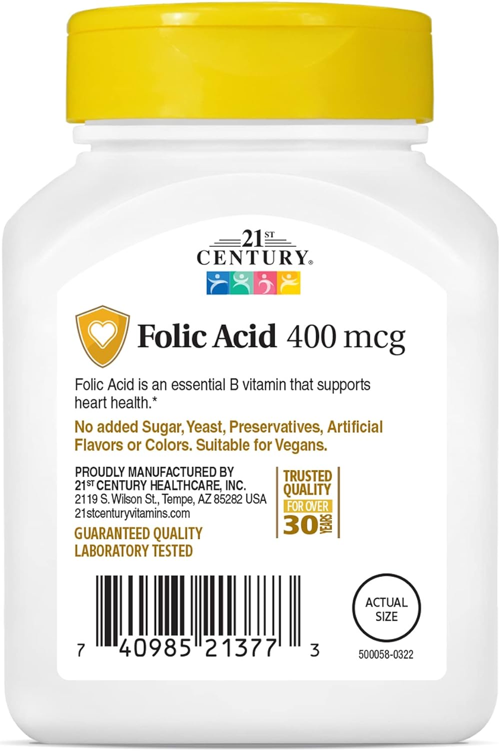 Two Packs of 21st Century Folic Acid 400 mcg Tablets, Total 500 Tablets, Supports Fetal Development, Energy Production