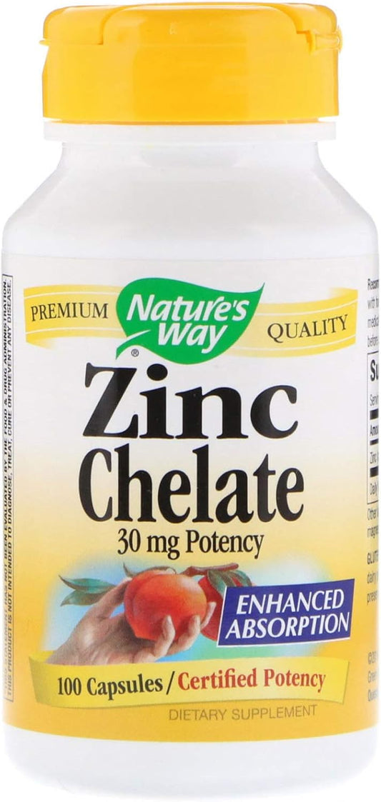 Two Packs of Nature's Way Zinc Chelate 30mg, 100 Count - High Quality Zinc Supplement