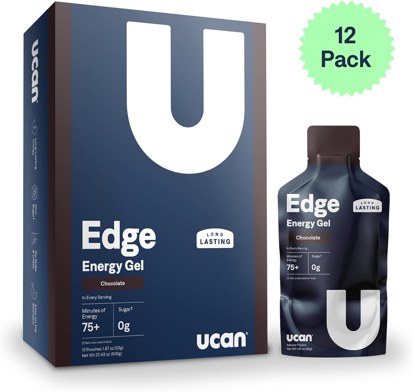 UCAN Edge Chocolate Energy Gel Shots - 12 Packets, 2 Ounce | Sugar-Free, Vegan, Keto-Friendly for Running, Training, Workouts, Cycling, Crossfit