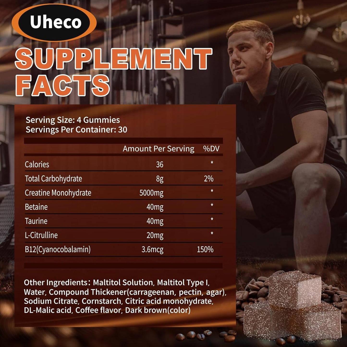 Uheco Coffee Flavor Creatine Gummies 5000mg with L-Taurine, Vitamin B12, Betaine, L-Citrulline - Muscle Strength and Endurance - 116 Count