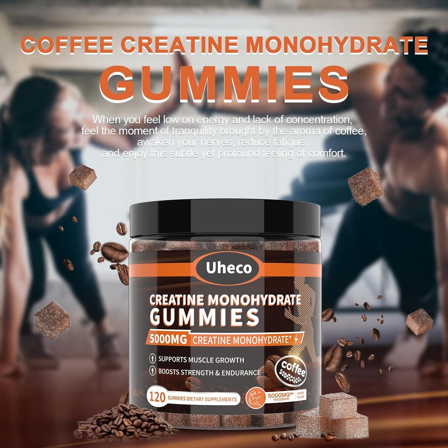 Uheco Coffee Flavor Creatine Gummies 5000mg with L-Taurine, Vitamin B12, Betaine, L-Citrulline - Muscle Strength and Endurance - 116 Count