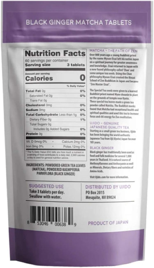 Ujido Black Ginger Matcha Tablets - 180 Tablets of Japanese Matcha Powder with Thai Black Ginger - Antioxidant Superfood with Natural Caffeine
