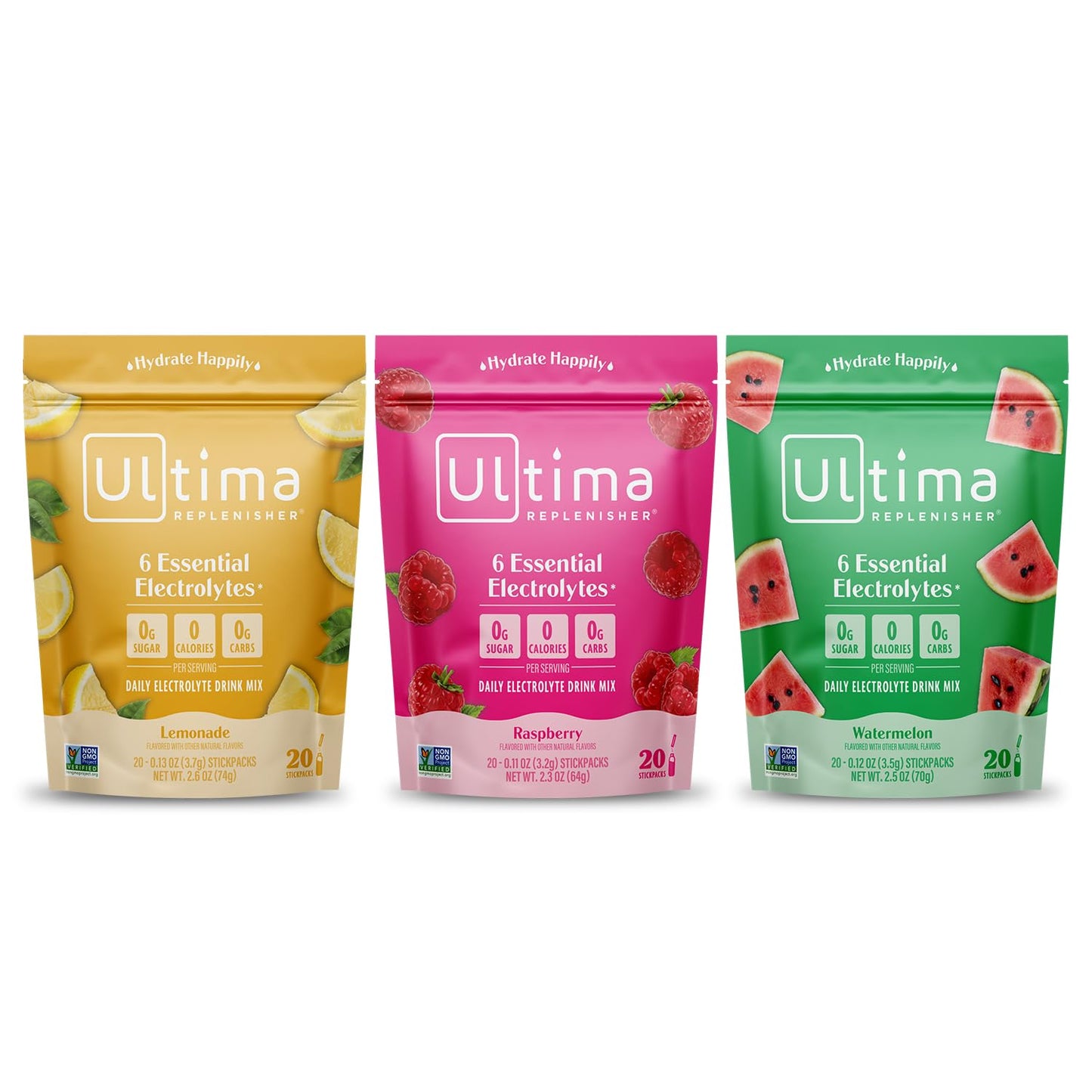 Ultima Replenisher Electrolyte Powder Drink Mix Bundle - Lemonade, Raspberry, Watermelon - 20 Stickpacks - 6 Electrolytes & Minerals - Keto, Vegan, Non-GMO, Sugar-Free