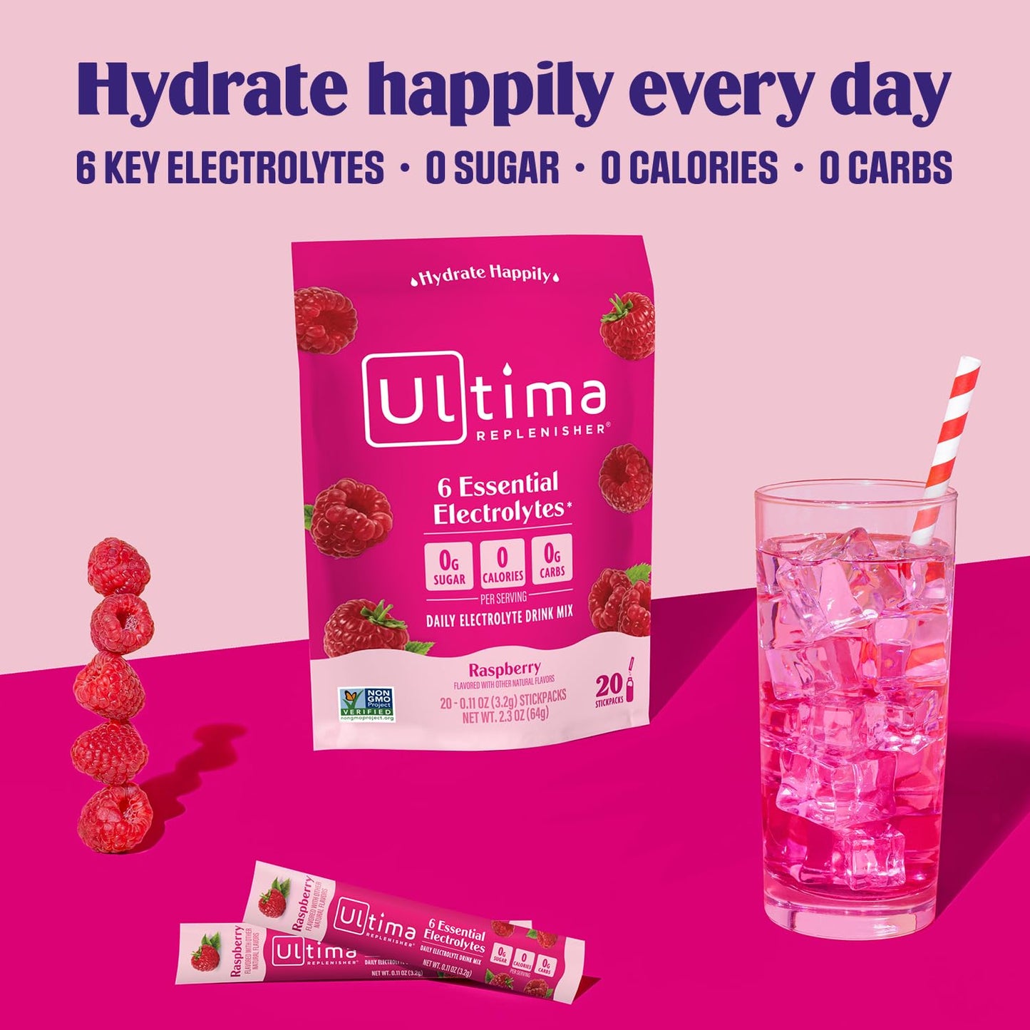 Ultima Replenisher Electrolyte Powder Drink Mix Bundle - Lemonade, Raspberry, Watermelon - 20 Stickpacks - 6 Electrolytes & Minerals - Keto, Vegan, Non-GMO, Sugar-Free