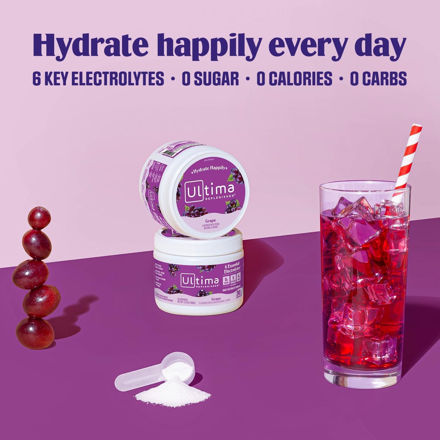 Ultima Replenisher Grape Electrolyte Powder Bundle - 30 Serving Canister + 20 Stickpacks - 6 Electrolytes, Keto, Vegan, Non-GMO, Sugar-Free