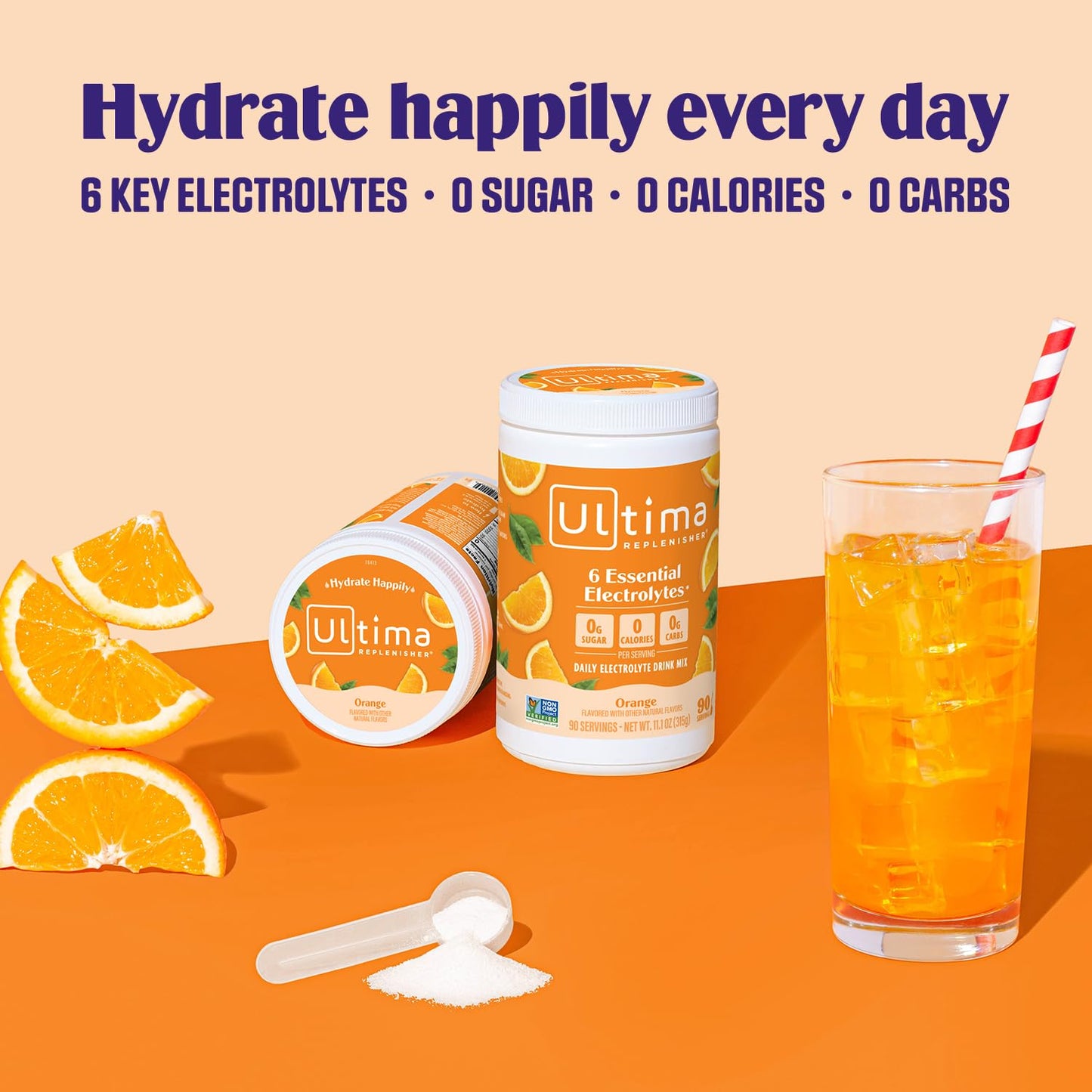 Ultima Replenisher Orange Electrolyte Powder Drink Mix - 90 Servings - Hydration Powder with 6 Key Electrolytes and Trace Minerals - Keto Friendly, Vegan, Non-GMO, Sugar-Free