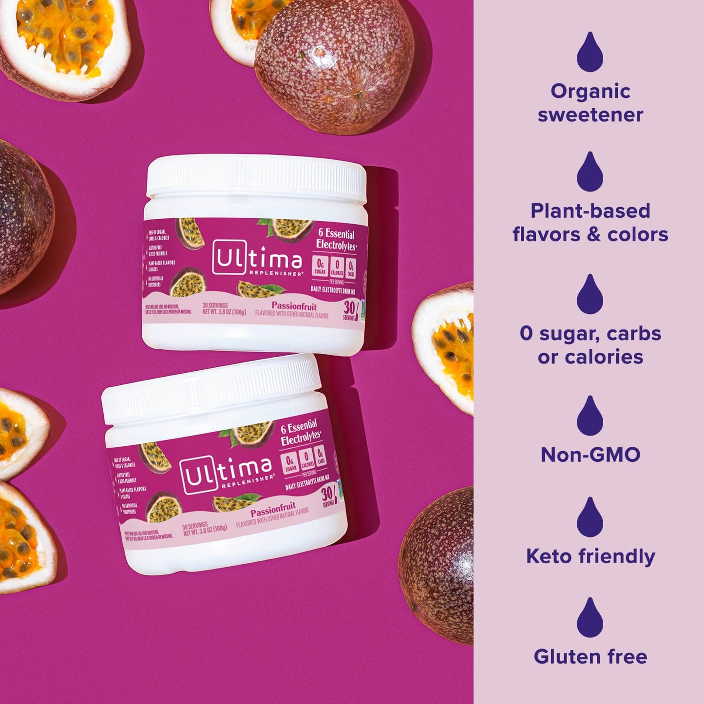 Ultima Replenisher Passionfruit Electrolyte Powder Drink Mix - 30 Servings - Hydration Powder with 6 Electrolytes & Trace Minerals - Keto Friendly, Non-GMO, Sugar-Free
