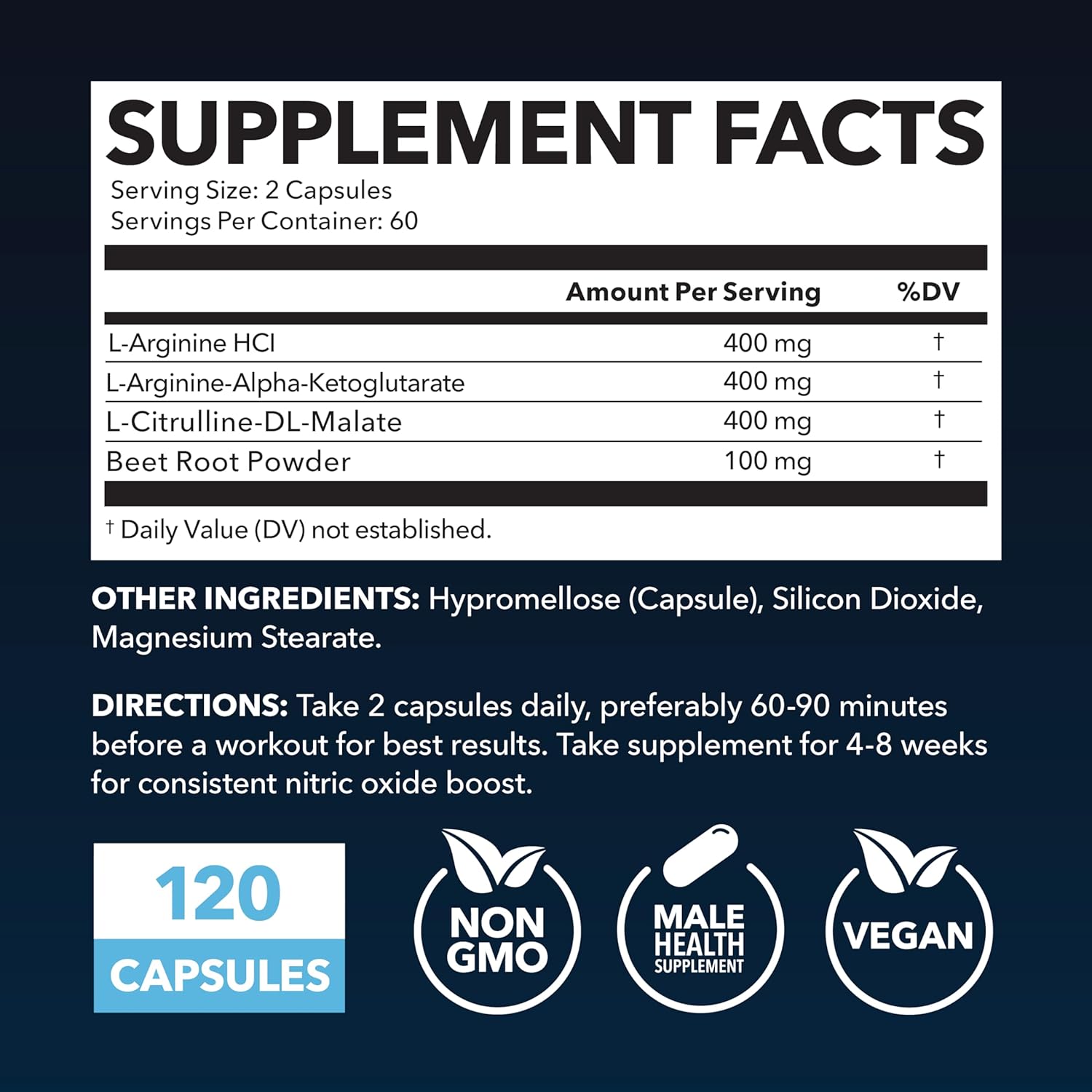 Ultimate Male Pre Workout Supplements for Performance & Endurance - L Arginine Capsules & Powder - Vegan - 120 Capsules