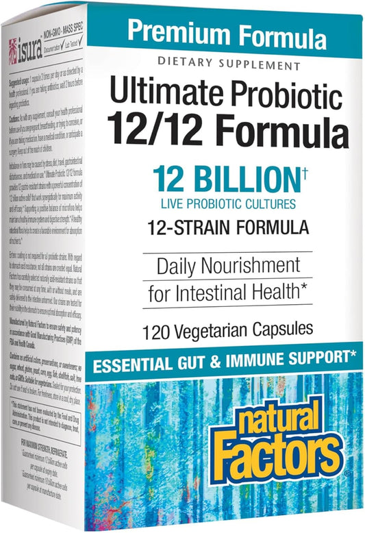 Ultimate Probiotic 12/12 Formula: 12 Strains, 12 Billion CFU, 120 Vegetarian Capsules for Digestive Support