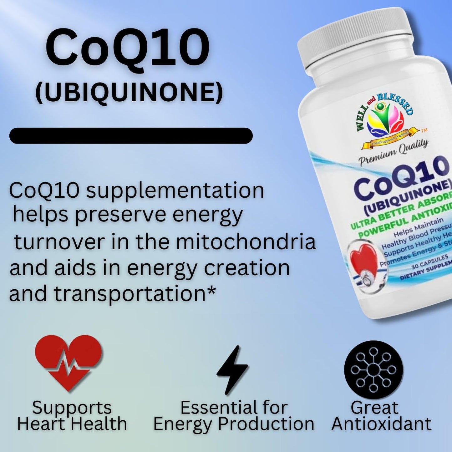 Ultra Absorption CoQ10 Supplement - 30 Capsules for Energy and Stamina - Vegan Formula - No Artificial Additives