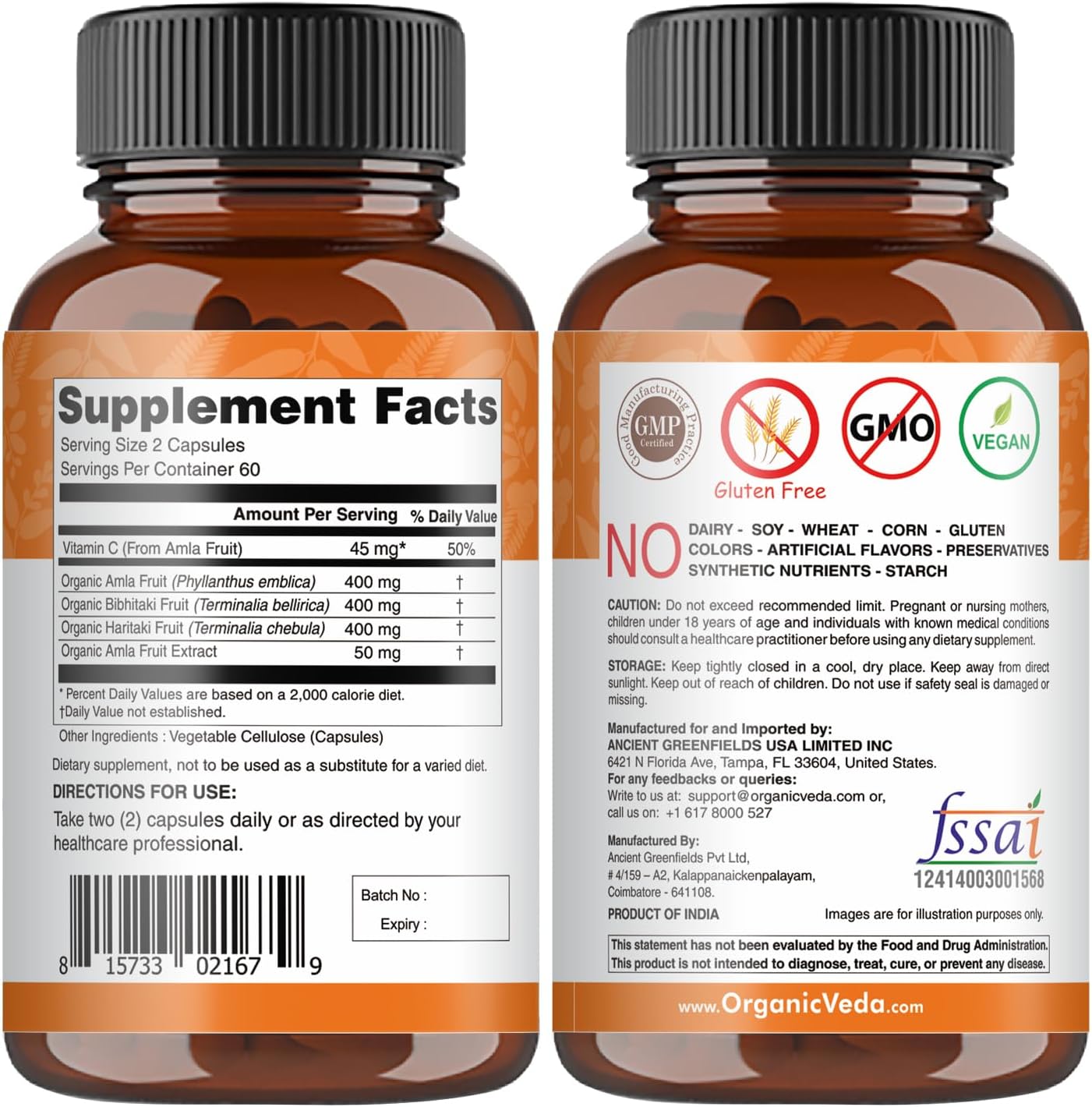 Ultra Concentrated Organic Veda Triphala Capsules with Natural Vitamin C - 120 Vegan Pills for Colon Cleanse, Skin Radiance, Immunity, and Digestion