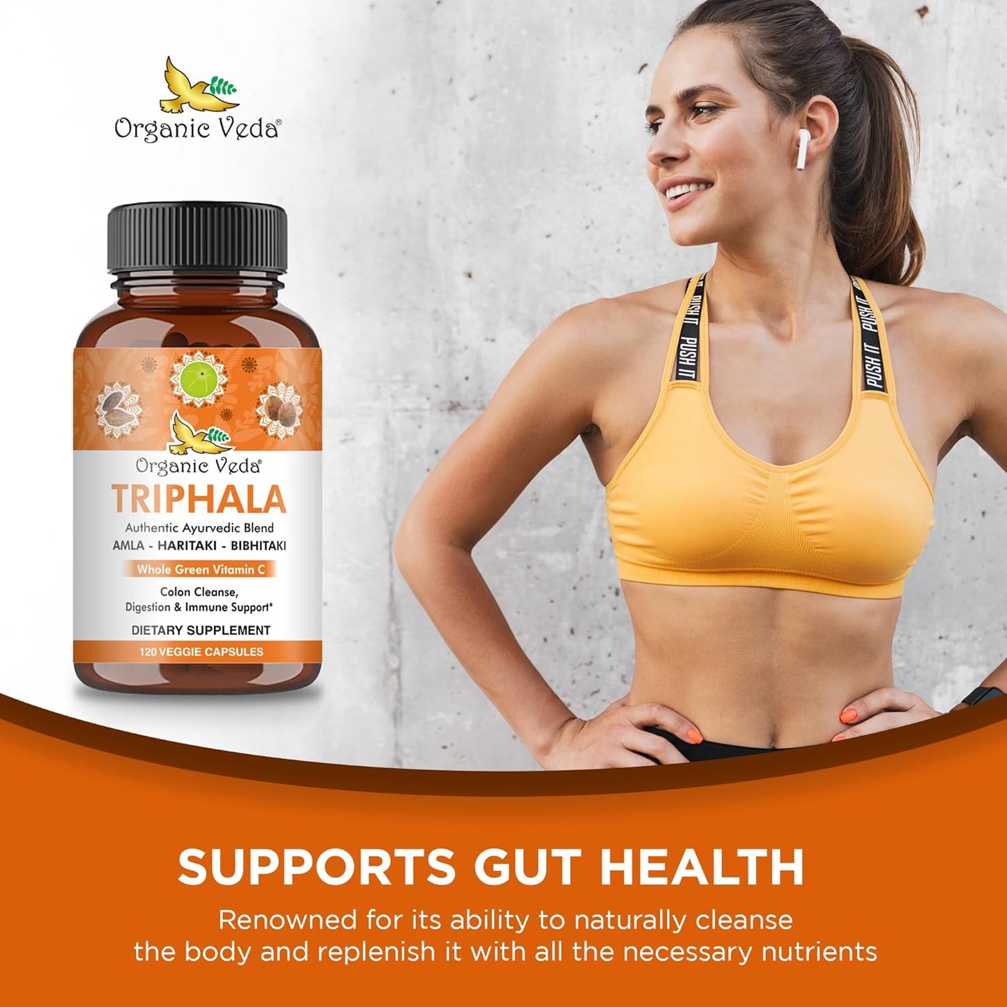 Ultra Concentrated Organic Veda Triphala Capsules with Natural Vitamin C - 120 Vegan Pills for Colon Cleanse, Skin Radiance, Immunity, and Digestion