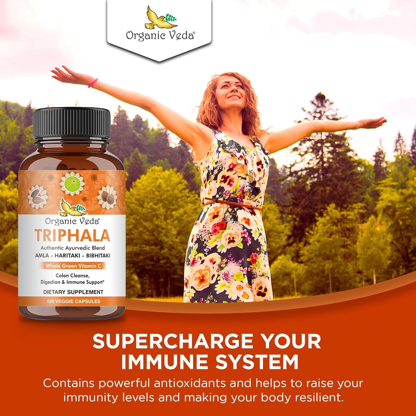 Ultra Concentrated Organic Veda Triphala Capsules with Natural Vitamin C - 120 Vegan Pills for Colon Cleanse, Skin Radiance, Immunity, and Digestion