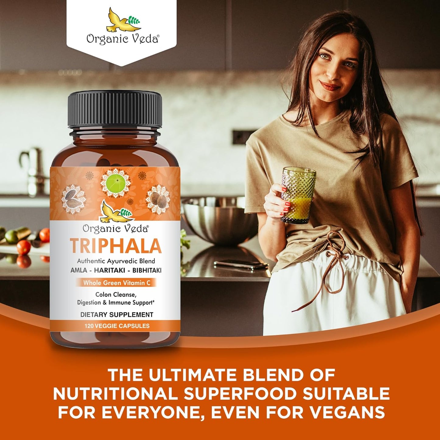 Ultra Concentrated Organic Veda Triphala Capsules with Natural Vitamin C - 120 Vegan Pills for Colon Cleanse, Skin Radiance, Immunity, and Digestion
