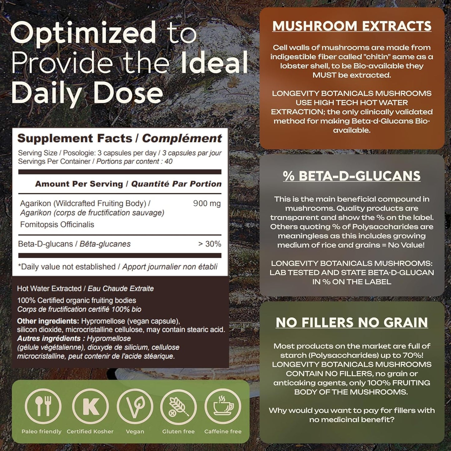 Ultra Concentrated Wildcrafted Agarikon Mushroom Capsules for Immune Support - 100% Fruiting Body Supplement - 120 Capsules