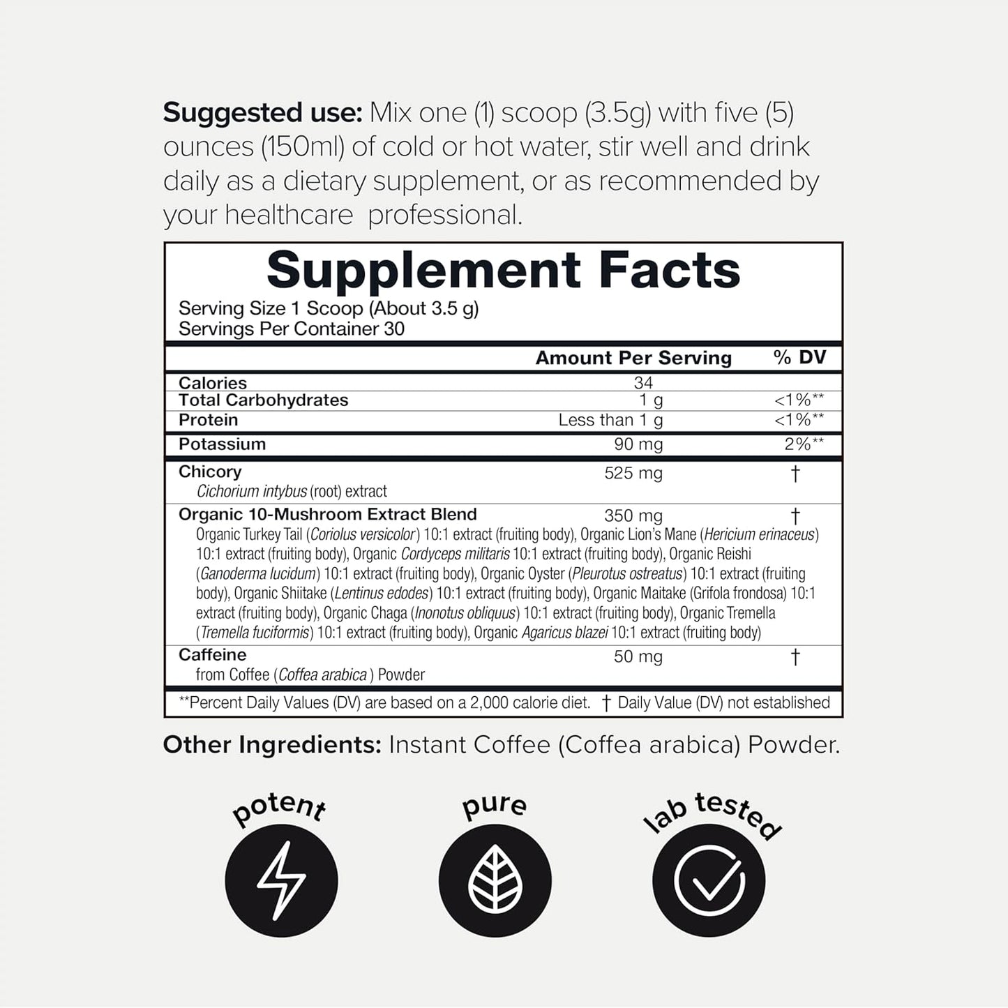 Ultra High Potency 10:1 Concentrated Mushroom Coffee with Low Caffeine - Colombian Sourced Beans, 10 Mushroom Blend, Lion's Mane & Cordyceps