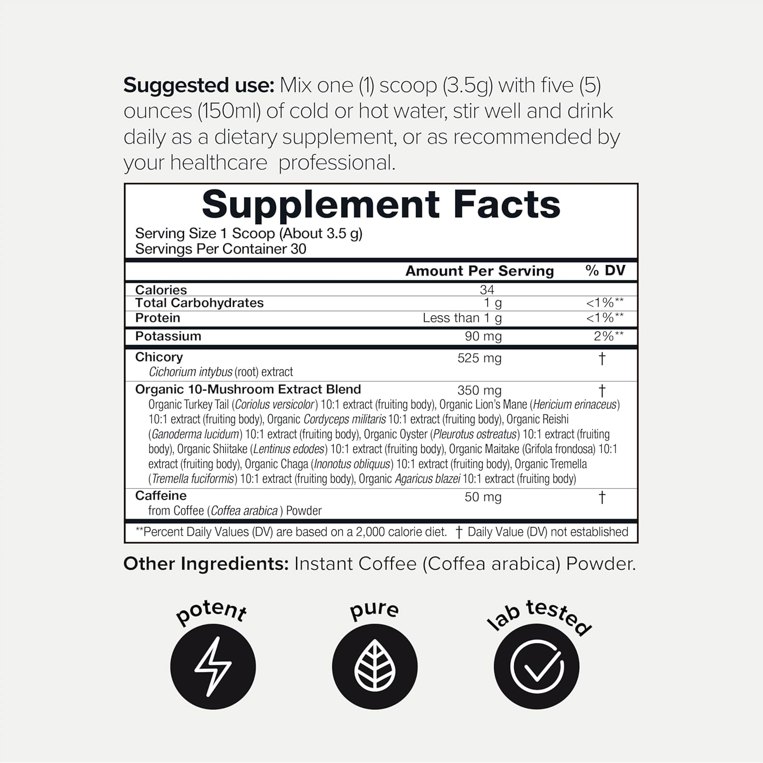 Ultra High Potency 10:1 Concentrated Mushroom Coffee with Low Caffeine - Colombian Sourced Beans, 10 Mushroom Blend, Lion's Mane & Cordyceps