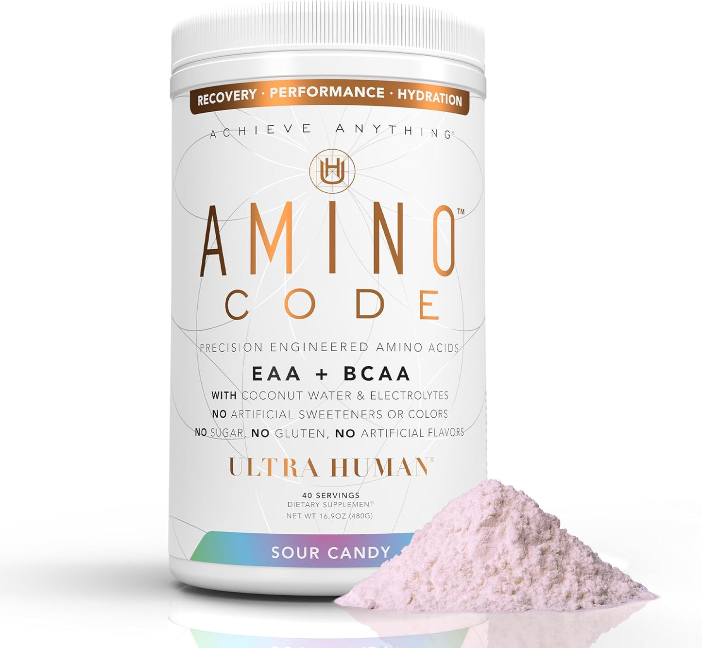Ultra Human Amino Code: Fast Hydration Workout Recovery Drink - Sour Candy Flavor, Clean Formula with Essential Amino Acids, BCAAs, and Coconut Water Electrolytes - 40 Servings