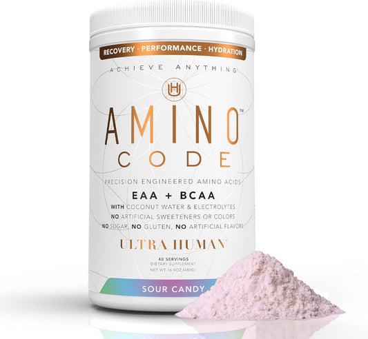Ultra Human Amino Code: Fast Hydration Workout Recovery Drink - Sour Candy Flavor, Clean Formula with Essential Amino Acids, BCAAs, and Coconut Water Electrolytes - 40 Servings