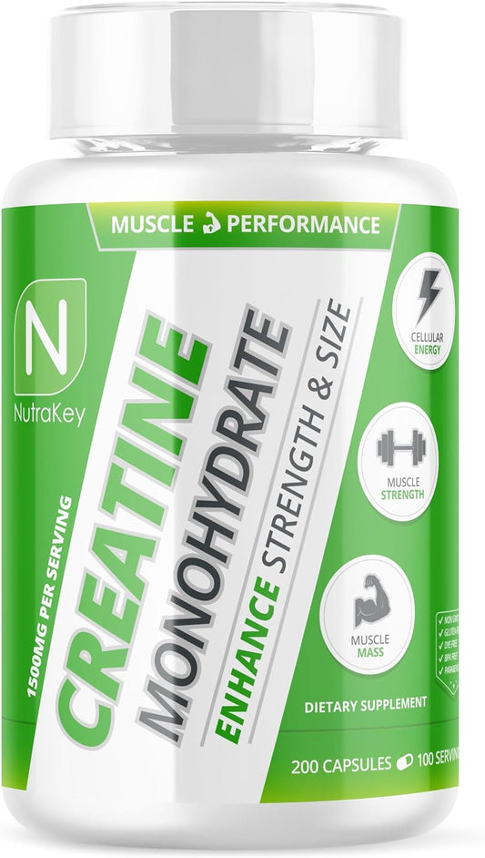 Ultra-Micronized NutraKey Creatine Monohydrate Capsules - 100 Servings (200 Capsules) for Optimal Bioavailability