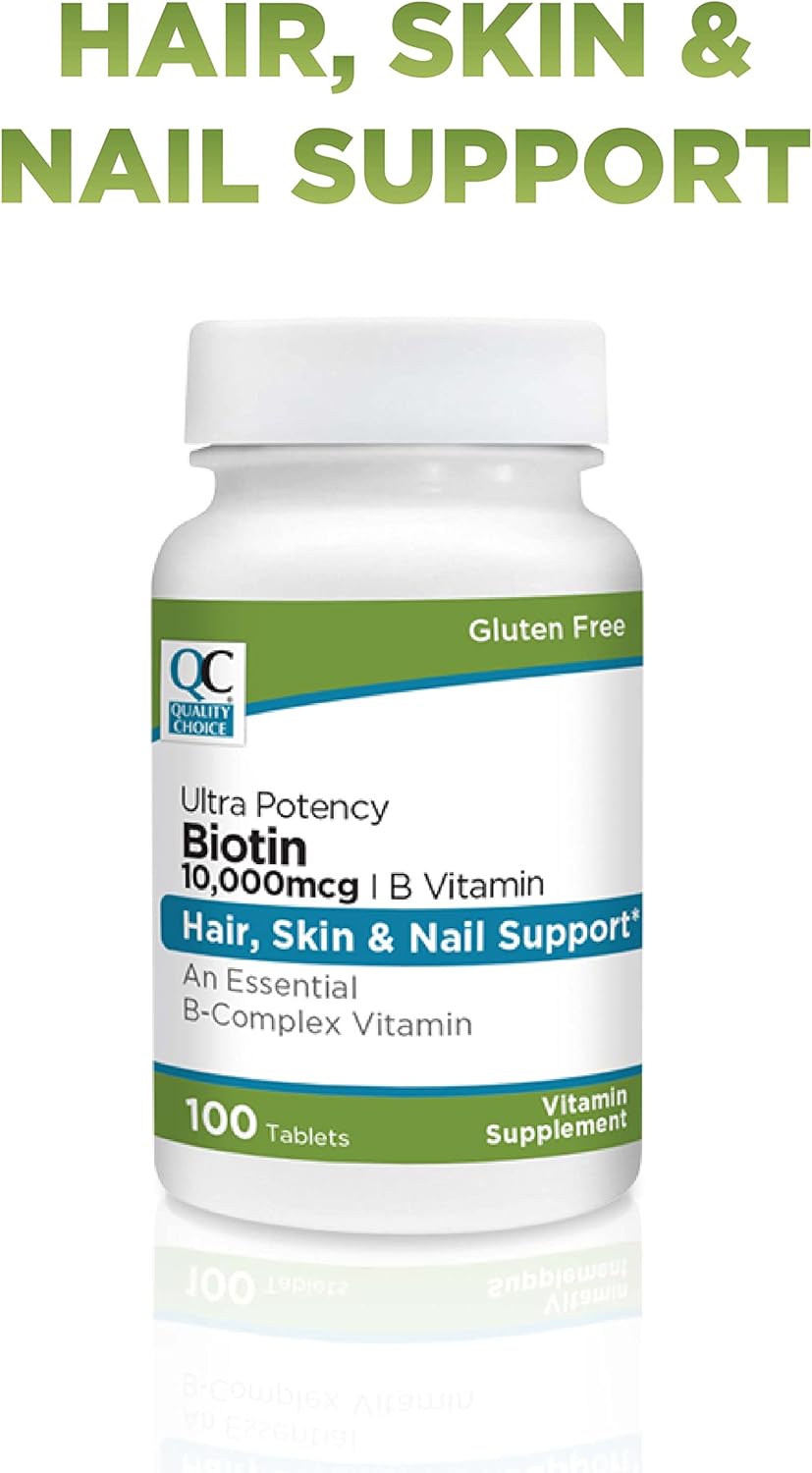 Ultra Potency Biotin 10,000 mcg Tablets - 100 Count for Nail, Skin, & Hair Support by Quality Choice