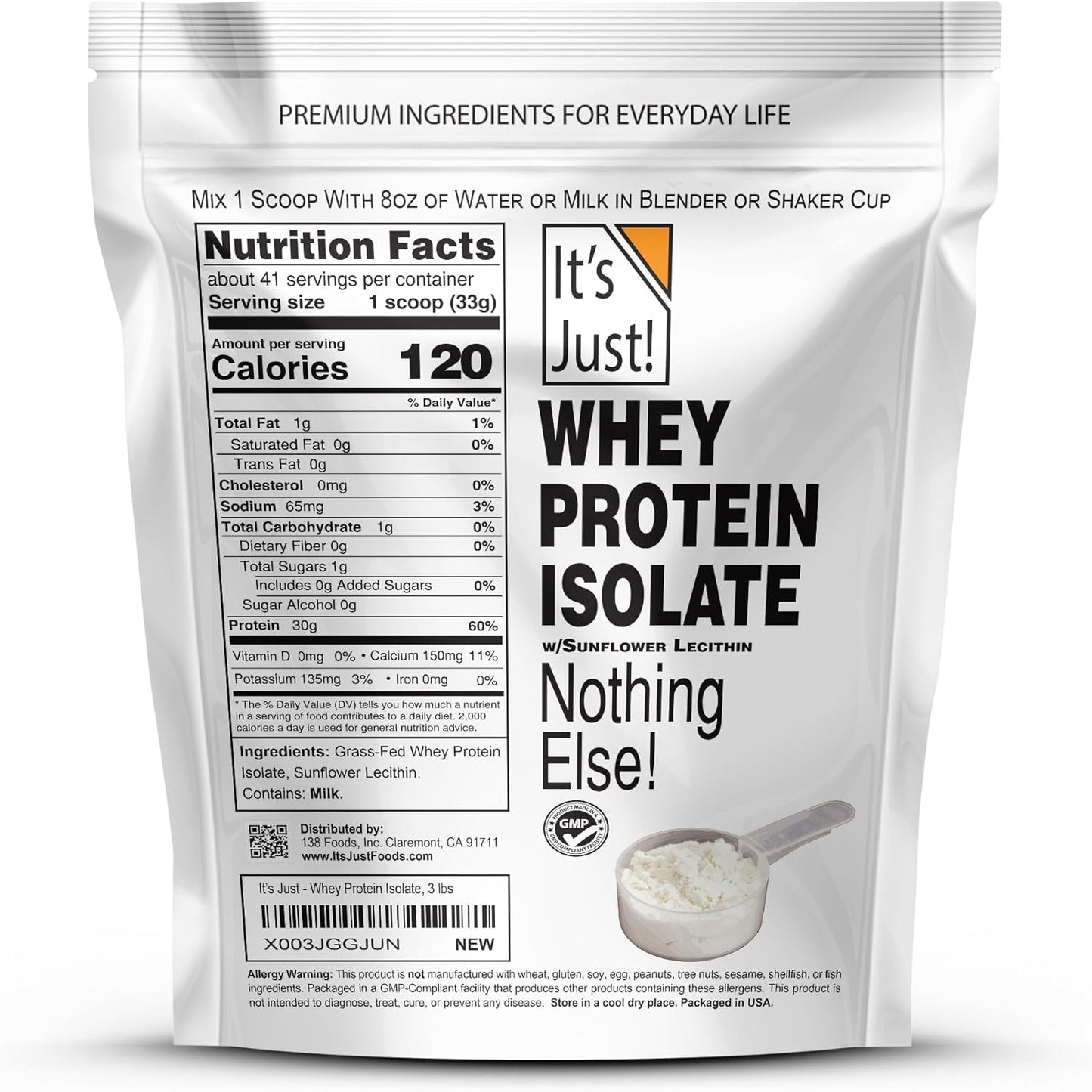 Ultra Premium Grass-Fed Whey Protein Isolate, Unflavored, 90% Protein, USA-Made, rBGH/RBST-Free, 3lb - Low Carb, No Added Sugar