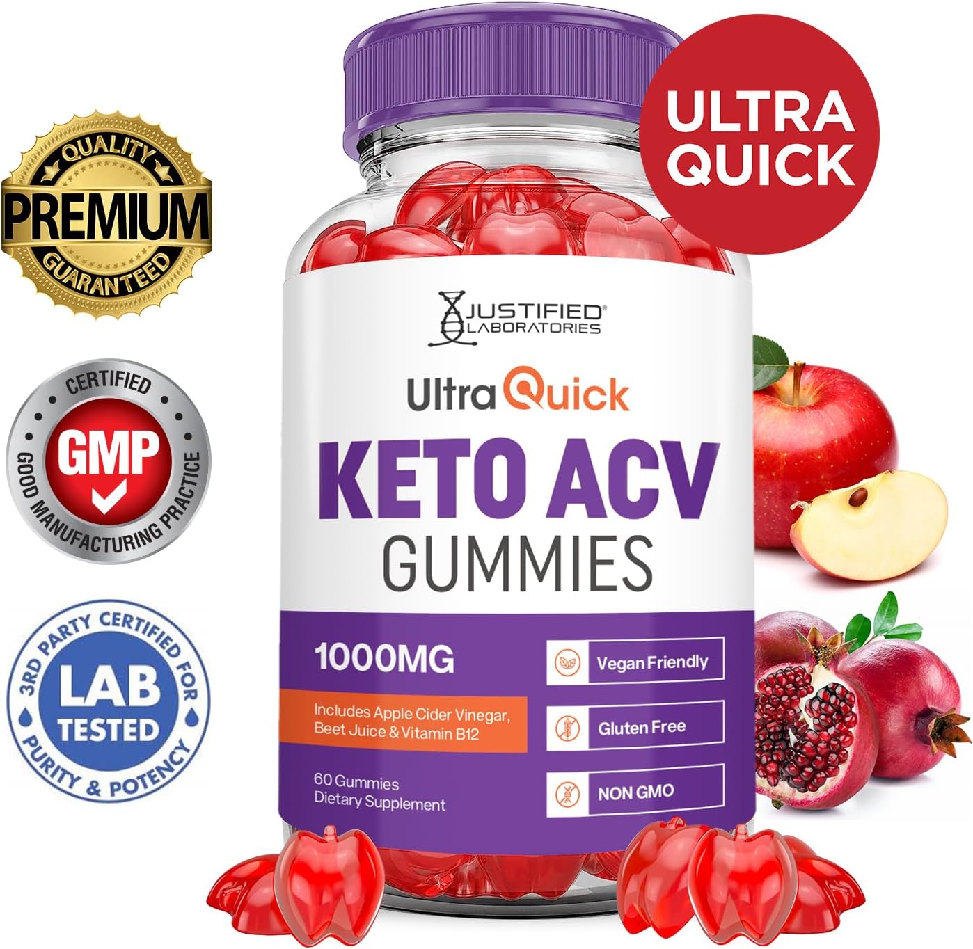 Ultra Quick Keto ACV Gummies - Advanced Formula with Pomegranate & Beet Juice - Vegan & Non GMO - 60 Gummies