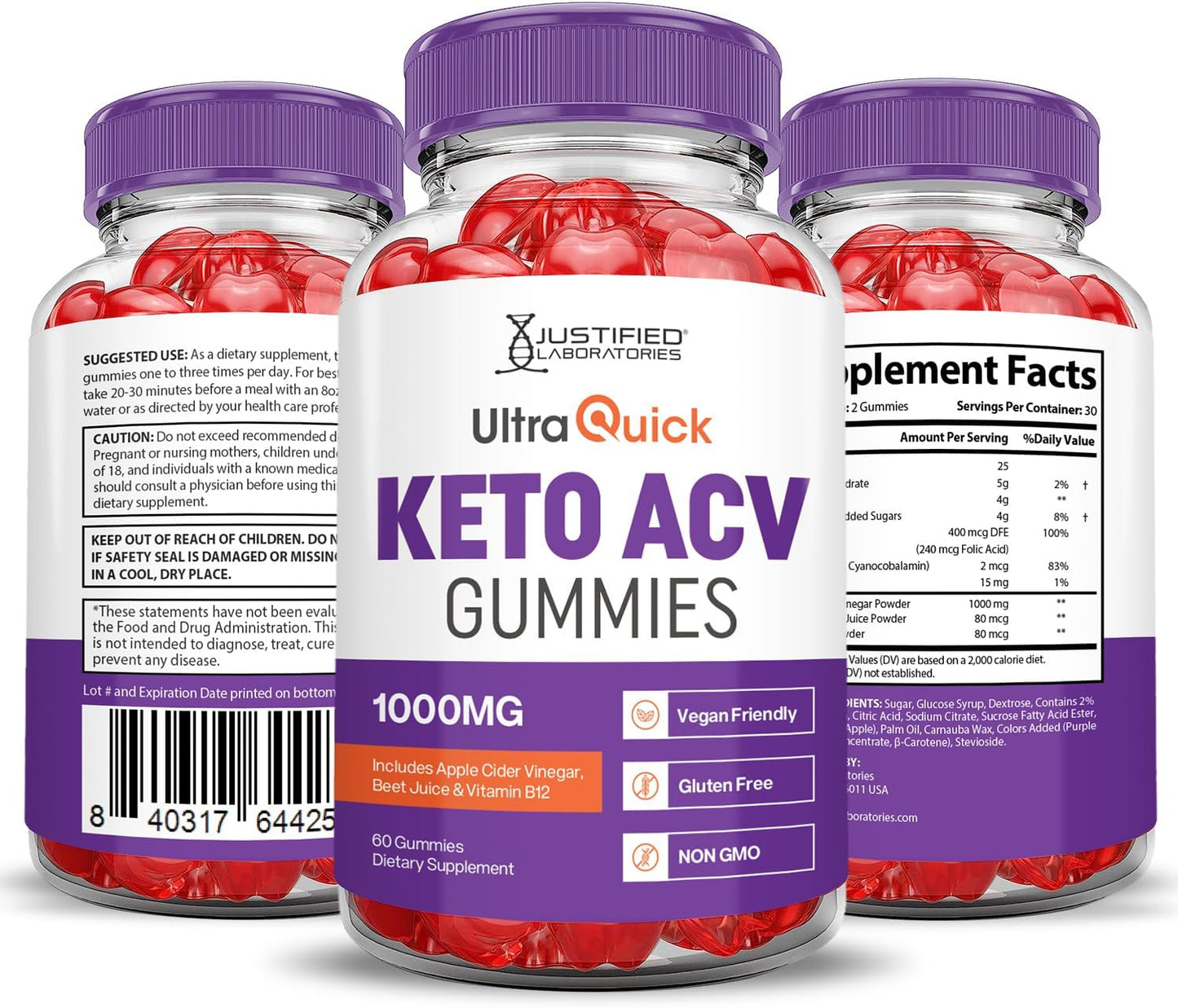 Ultra Quick Keto ACV Gummies - Advanced Formula with Pomegranate & Beet Juice - Vegan & Non GMO - 60 Gummies